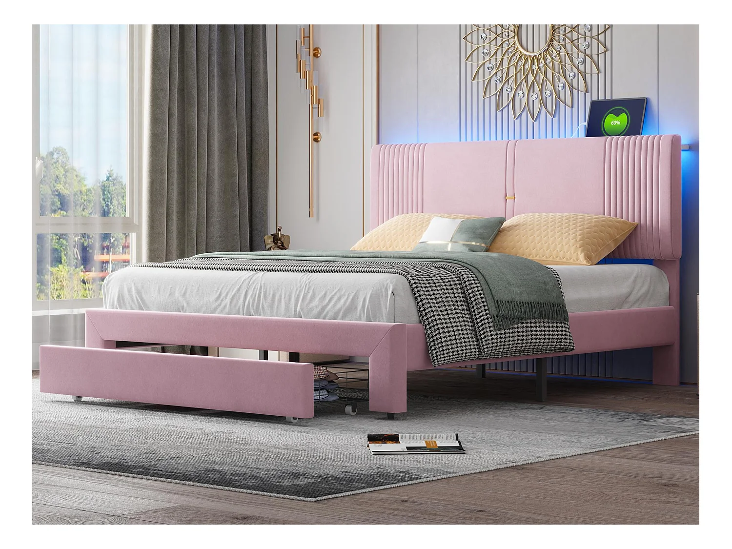 Lit double rembourré en velours 160x200cm - avec LED et Port de charge USB - avec un grand tiroir - Rose