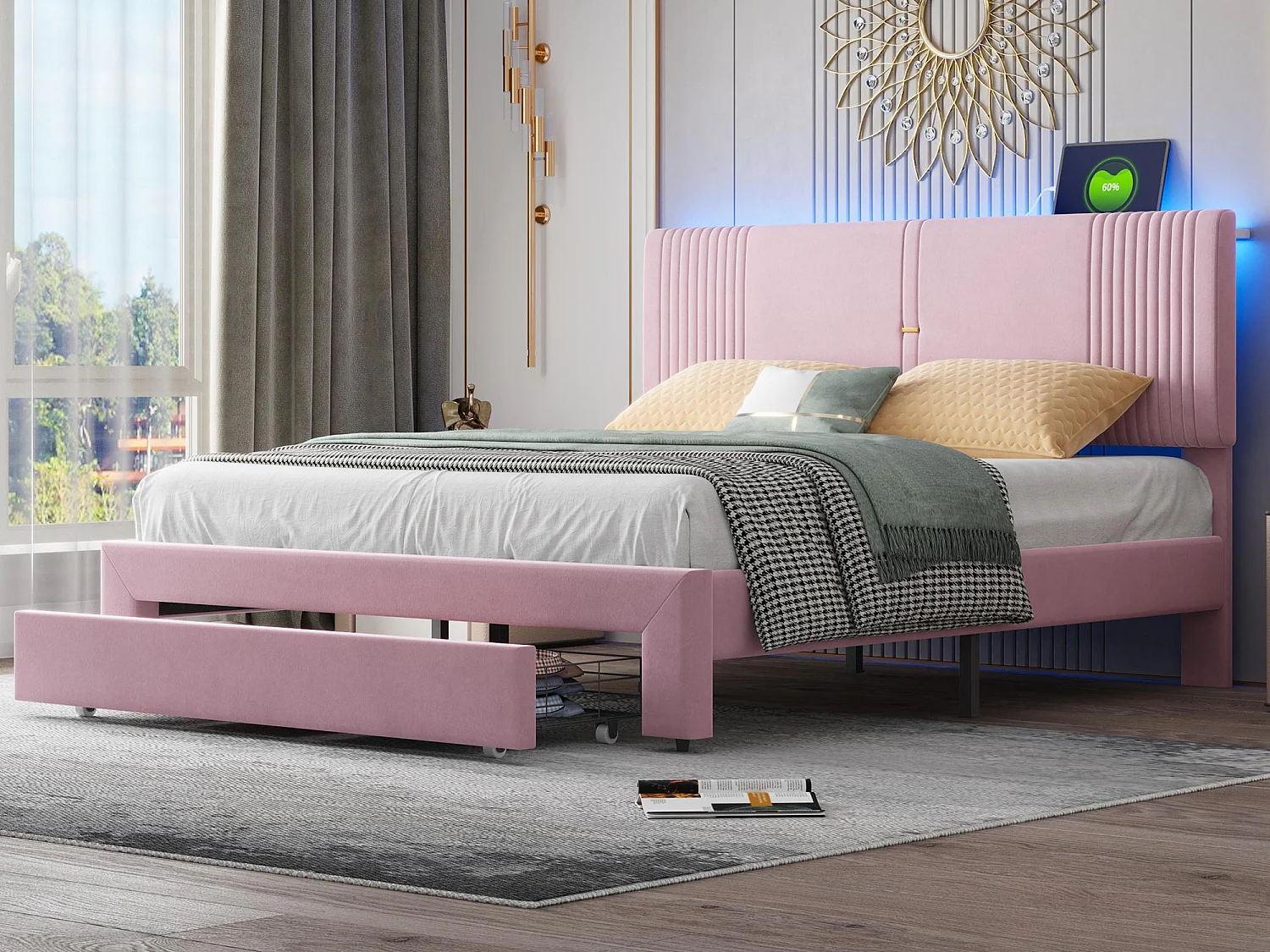 Letto matrimoniale rivestito in velluto 160x200 cm - con LED e porta di ricarica USB - con un ampio cassetto - Rosa