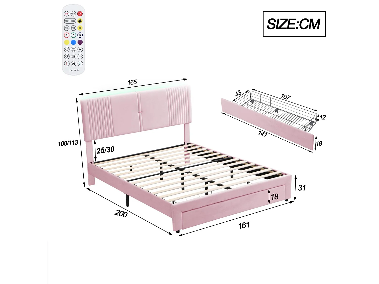 Letto matrimoniale rivestito in velluto 160x200 cm - con LED e porta di ricarica USB - con un ampio cassetto - Rosa