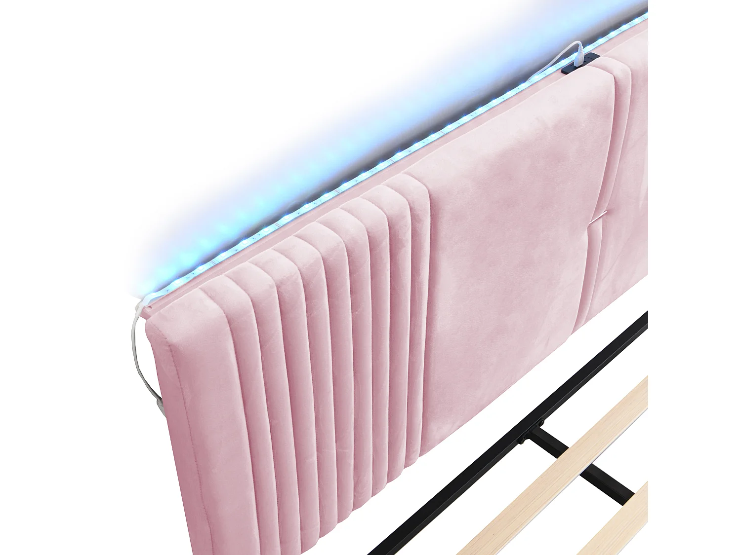 Letto matrimoniale rivestito in velluto 160x200 cm - con LED e porta di ricarica USB - con un ampio cassetto - Rosa