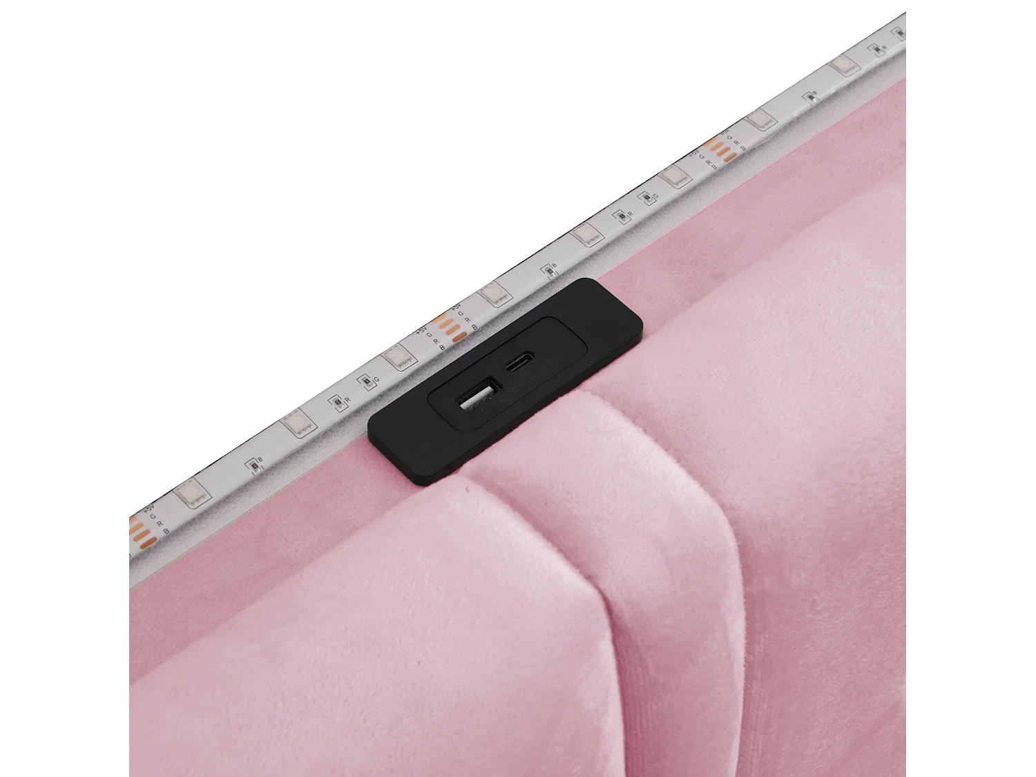 Letto matrimoniale rivestito in velluto 160x200 cm - con LED e porta di ricarica USB - con un ampio cassetto - Rosa