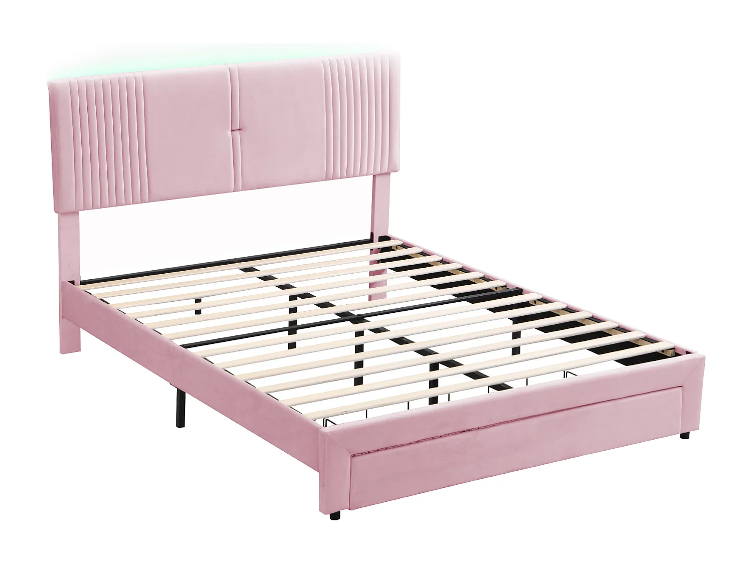 Letto matrimoniale rivestito in velluto 160x200 cm - con LED e porta di ricarica USB - con un ampio cassetto - Rosa
