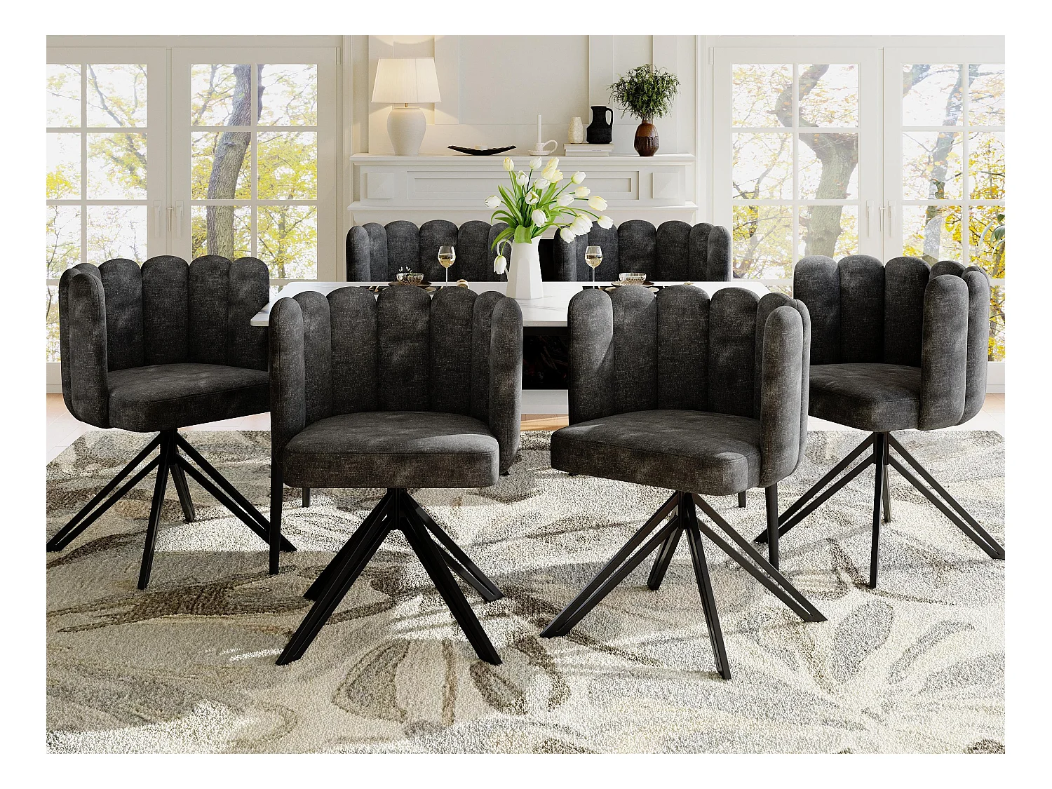 Lot de 6 chaises pivotantes en velours - dossier en pétales - Gris