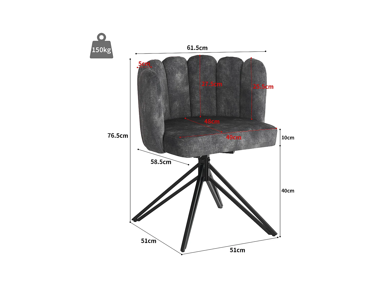 Lot de 6 chaises pivotantes en velours - dossier en pétales - Gris