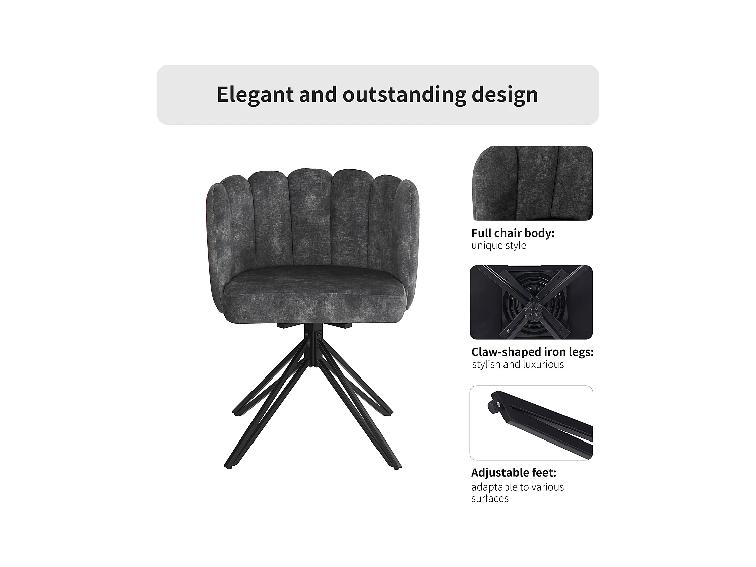 Lot de 6 chaises pivotantes en velours - dossier en pétales - Gris