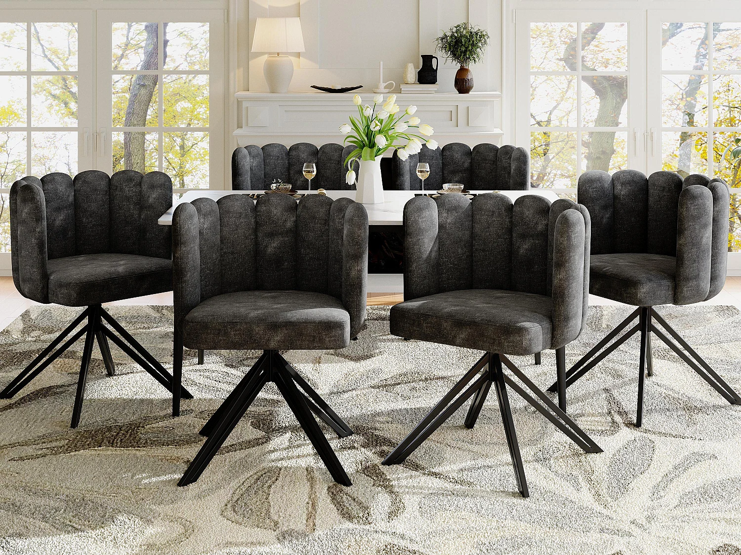 Set van 6 fluwelen draaistoelen - bloemblaadje rugleuning - Grijs