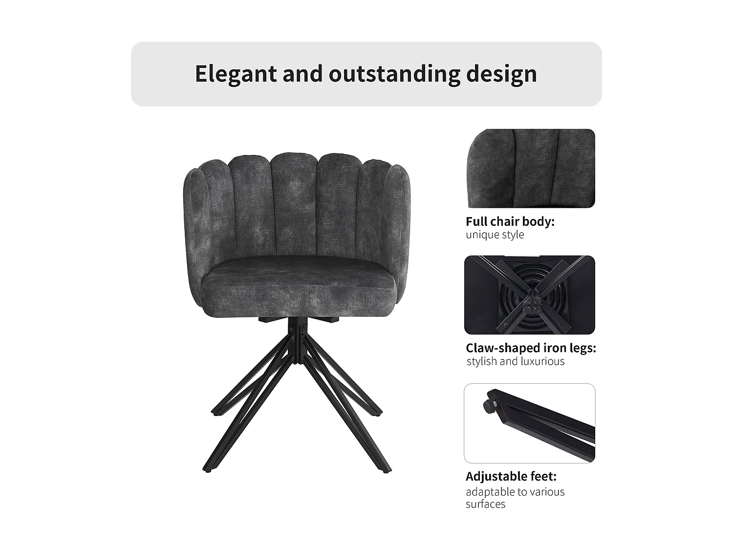 Set van 6 fluwelen draaistoelen - bloemblaadje rugleuning - Grijs