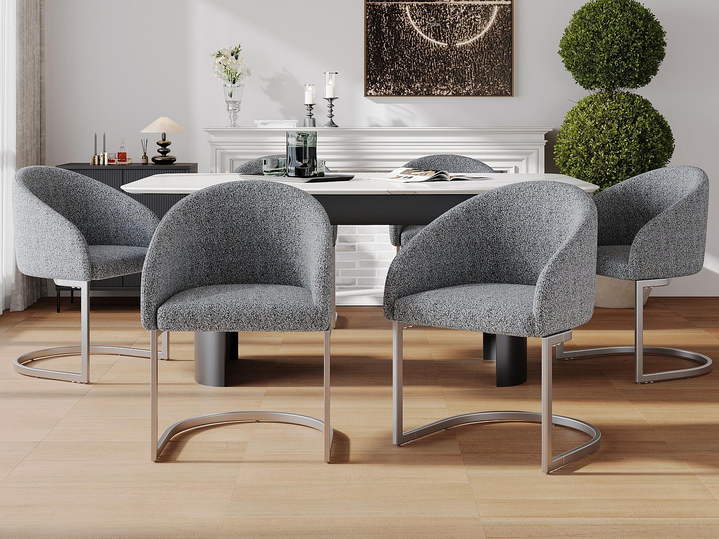 Juego de 6 sillas cantilever en tejido de rizo francés gris.