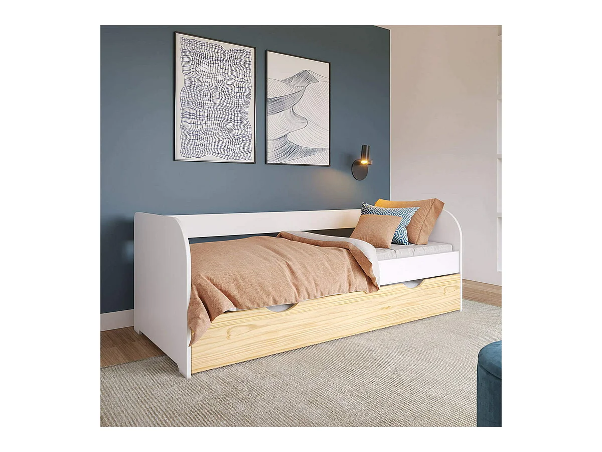 Lit banquette gigogne 80x190 cm bois massif blanc et bois EZRA