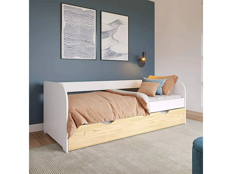 Lit banquette gigogne 80x200 cm bois massif blanc et bois EZRA