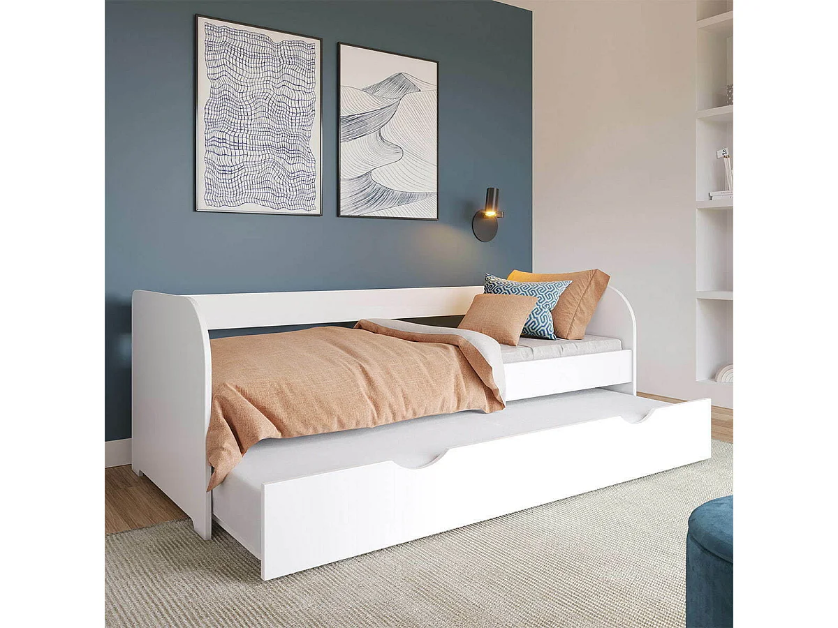 Lit banquette gigogne 80x200 cm bois massif blanc EZRA
