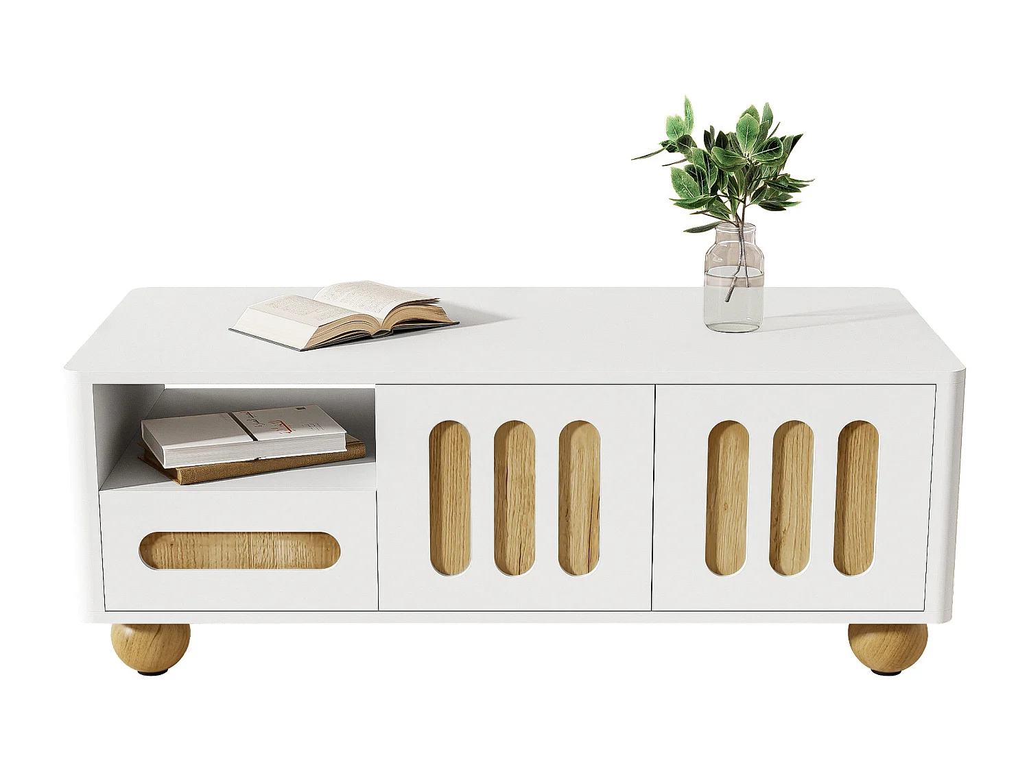 Moderner Couchtisch 105x50x40 cm mit LED – mit 2 Türen und 1 Schublade – Weiß