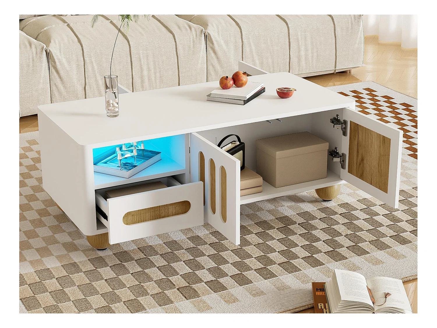 Nowoczesny stolik kawowy 105x50x40 cm z LED - z 2 drzwiami i 1 szufladą - Biały