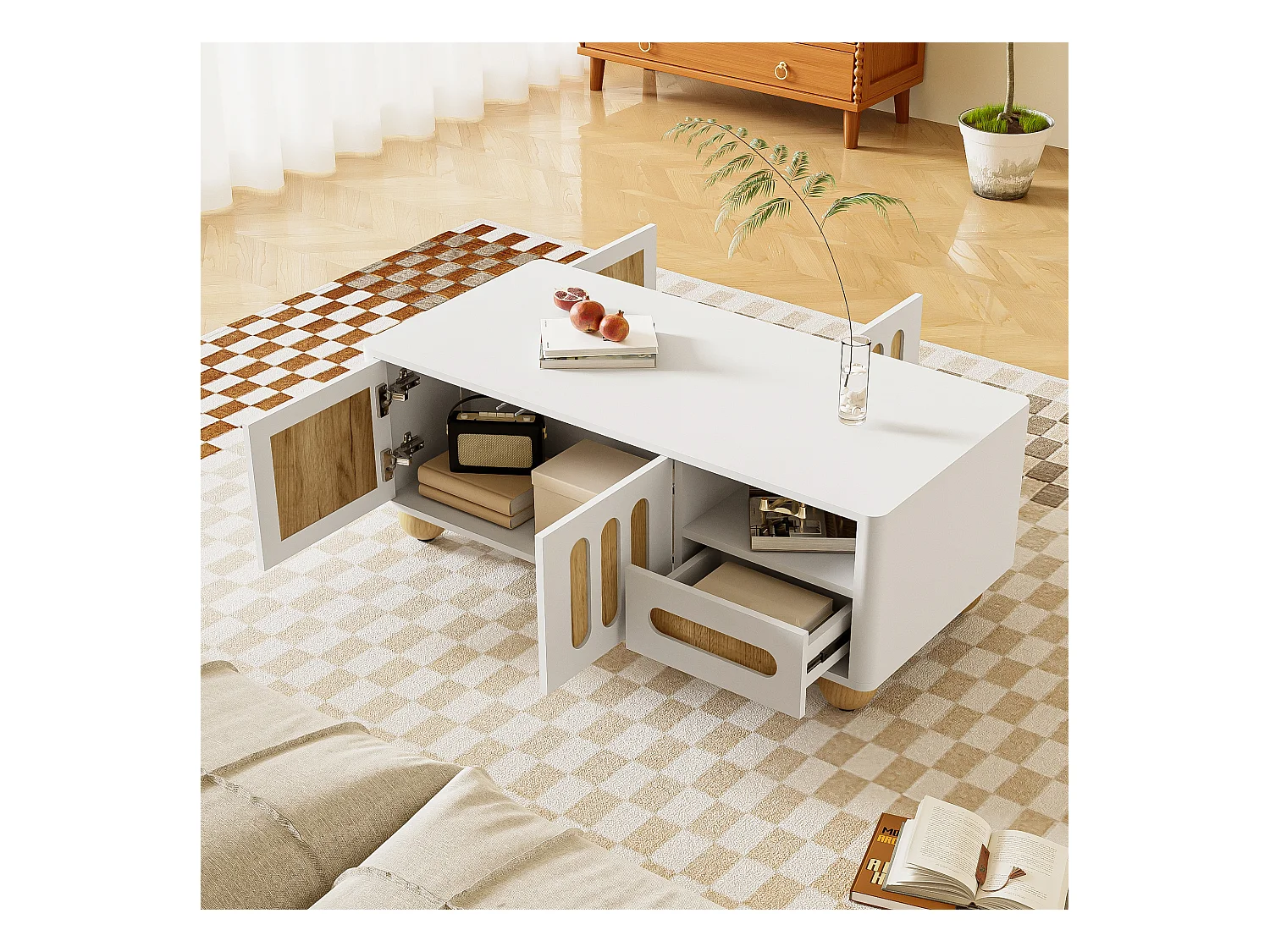 Table basse moderne 105x50x40 cm avec LED - avec 2 portes et 1 tiroir - Blanc