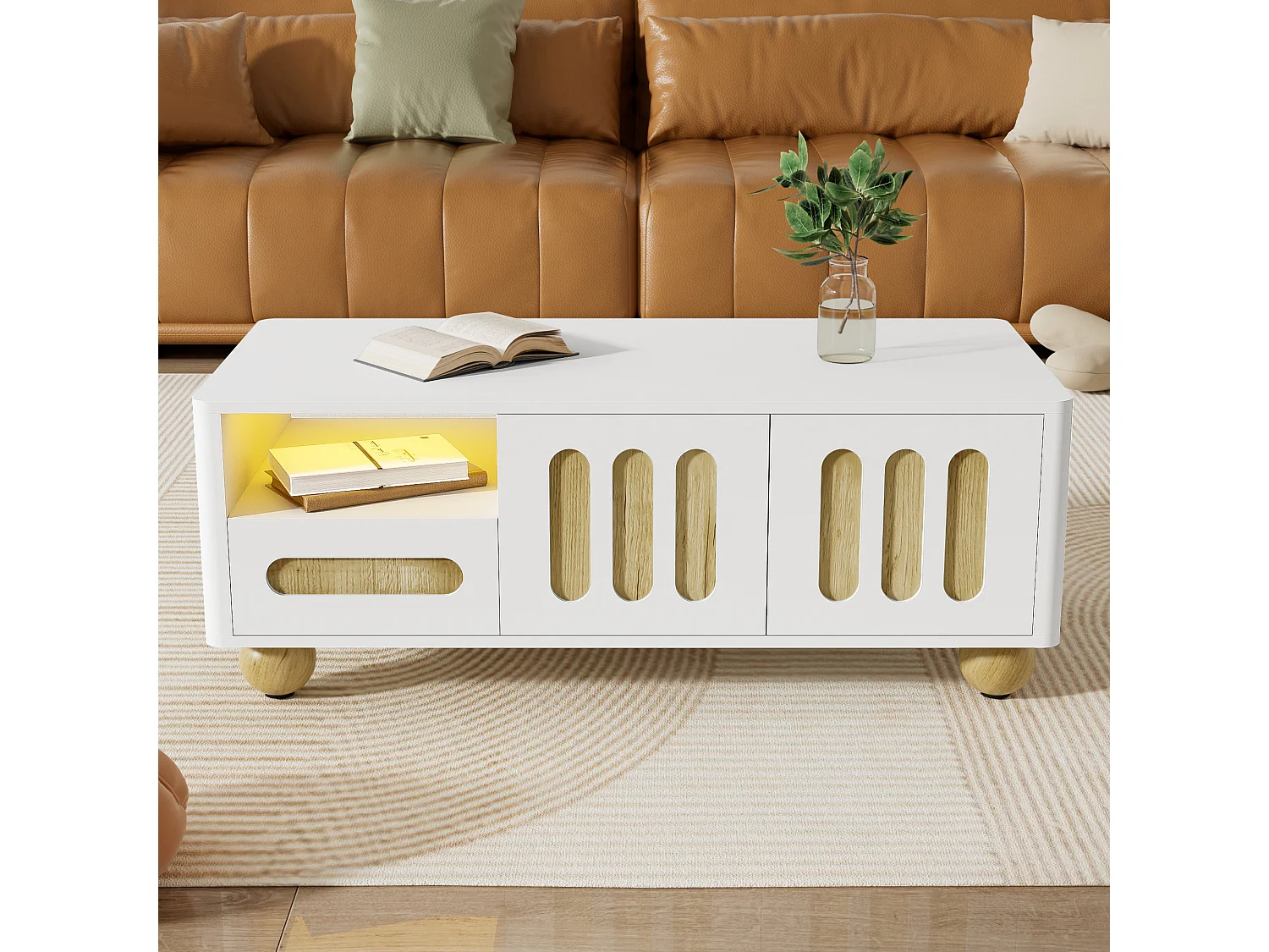 Table basse moderne 105x50x40 cm avec LED - avec 2 portes et 1 tiroir - Blanc