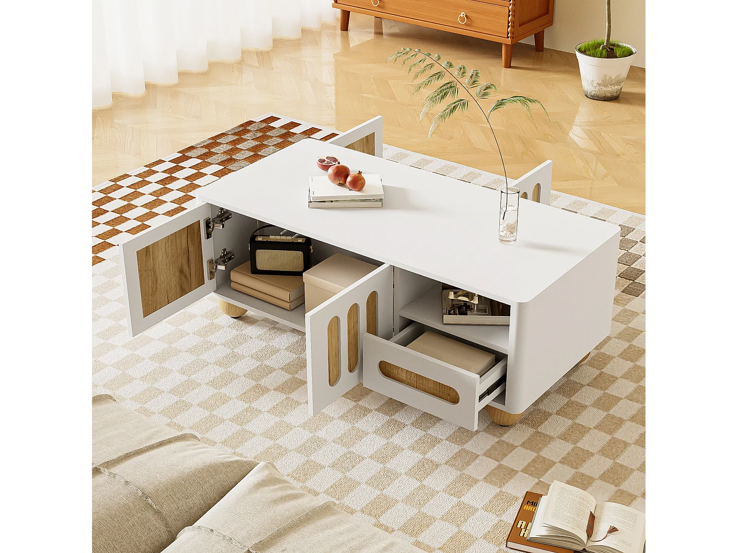 Table basse moderne 105x50x40 cm avec LED - avec 2 portes et 1 tiroir - Blanc