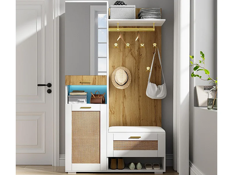 Vestiaire 110x38x190 cm avec LED - avec miroir + 5 patères + banc à chaussures - Naturel & Blanc