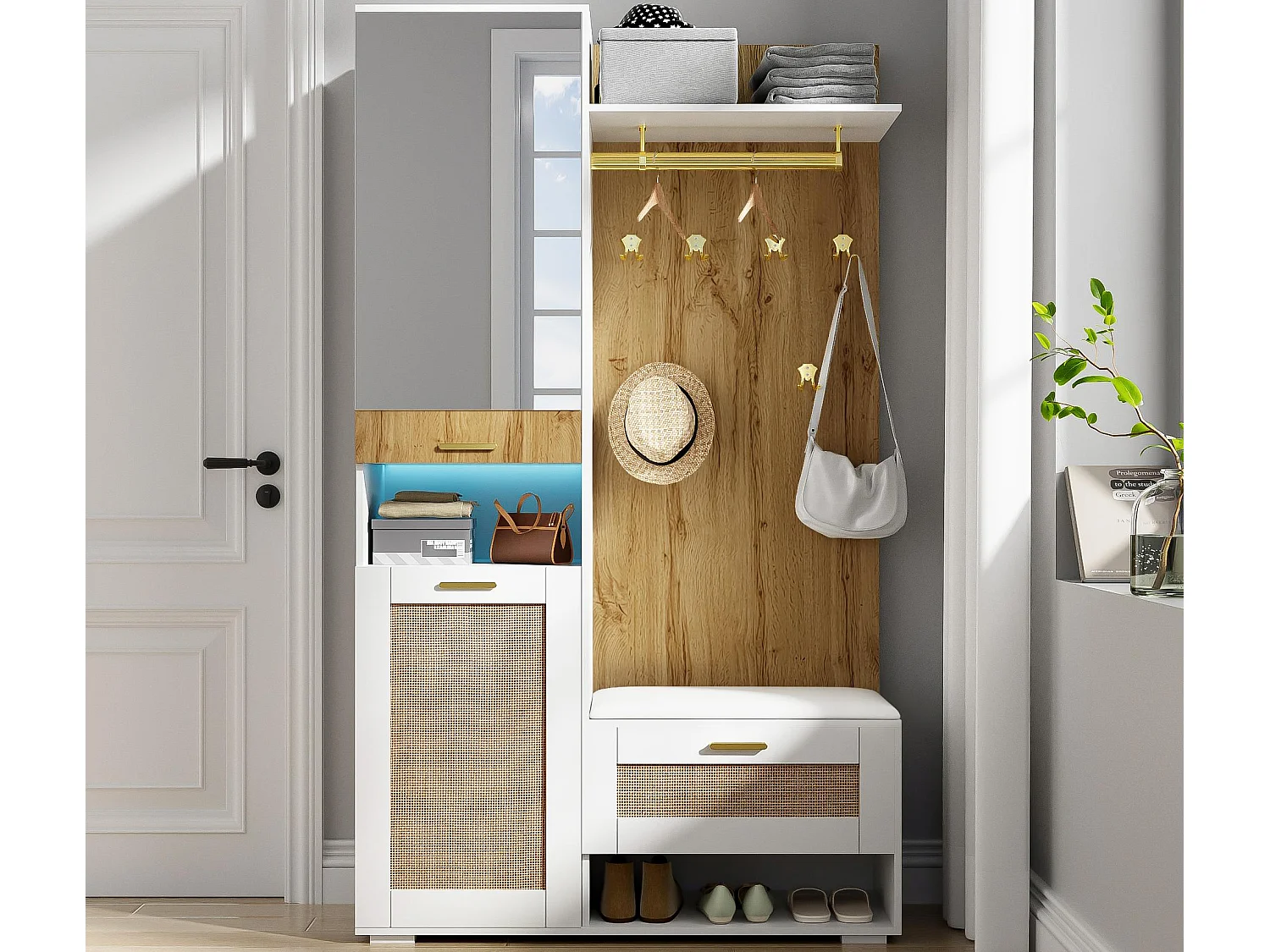 Garderobe 110x38x190 cm mit LED - mit Spiegel + 5 Haken + Schuhbank - Natur & Weiß