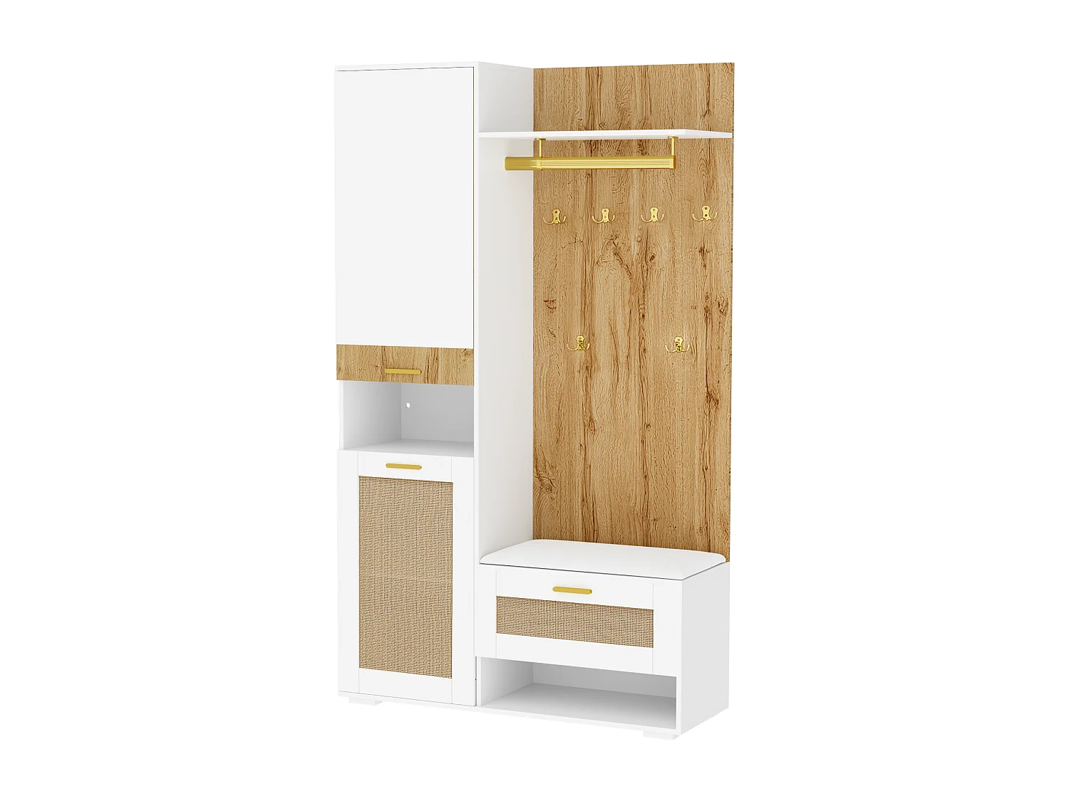 Garderobe 110x38x190 cm mit LED - mit Spiegel + 5 Haken + Schuhbank - Natur & Weiß