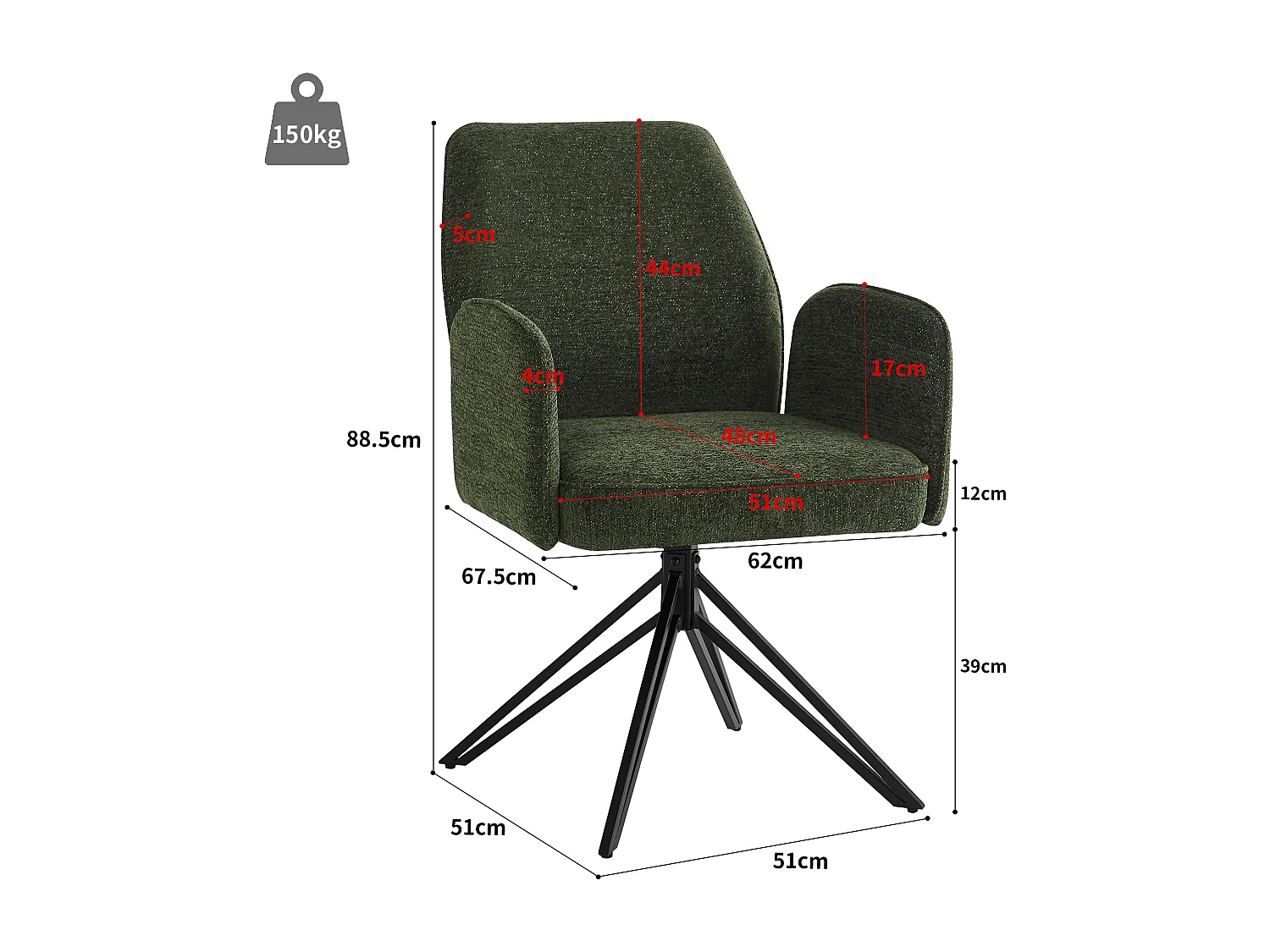 Lot de 2 chaises pivotantes avec accoudoirs - en velours - style de mode moderne - Vert Sapin