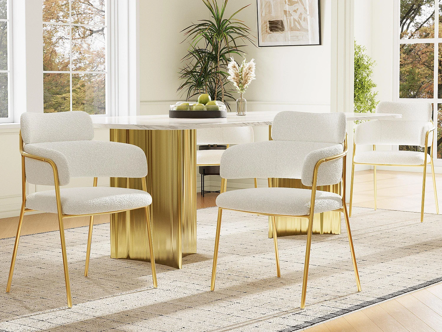 Lot de 4 chaises en tissu bouclette - pieds dorés - Beige