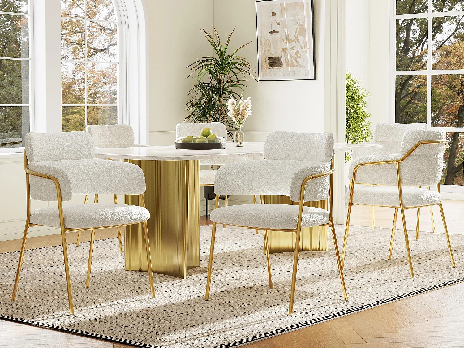 Conjunto de 6 sillas en tejido de rizo francés - patas doradas - Beige