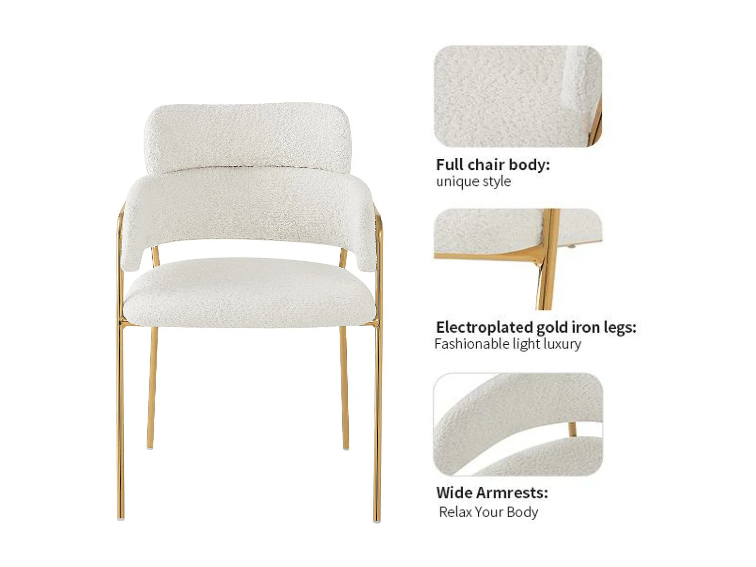 Conjunto de 6 sillas en tejido de rizo francés - patas doradas - Beige