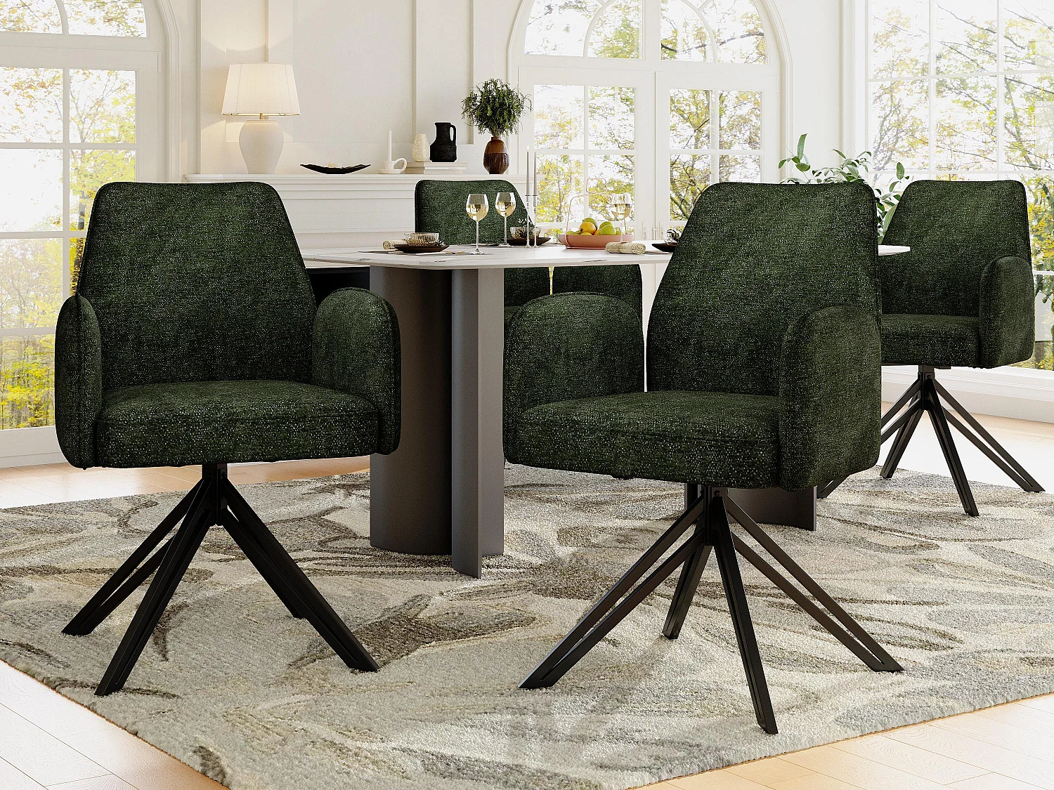 Set mit 4 Drehstühlen mit Armlehnen – Samt – moderner Modestil – Tannengrün