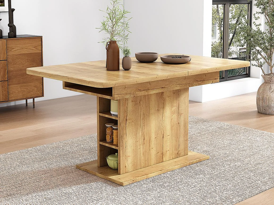 Moderner ausziehbarer Esstisch mit Stauraum darunter – Natur