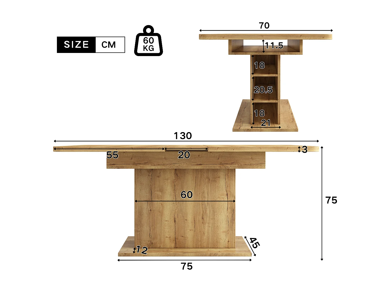 Table à manger moderne extensible avec rangement en dessous - Naturel
