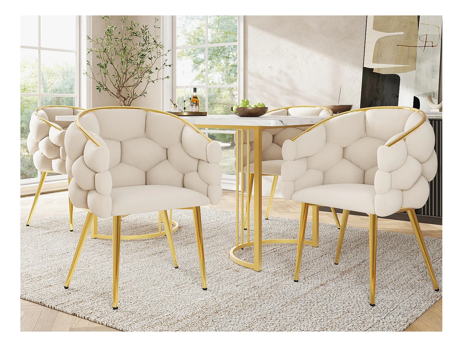 Lot de 6 chaises de loisirs en tissu velours - pieds en métal doré - Beige