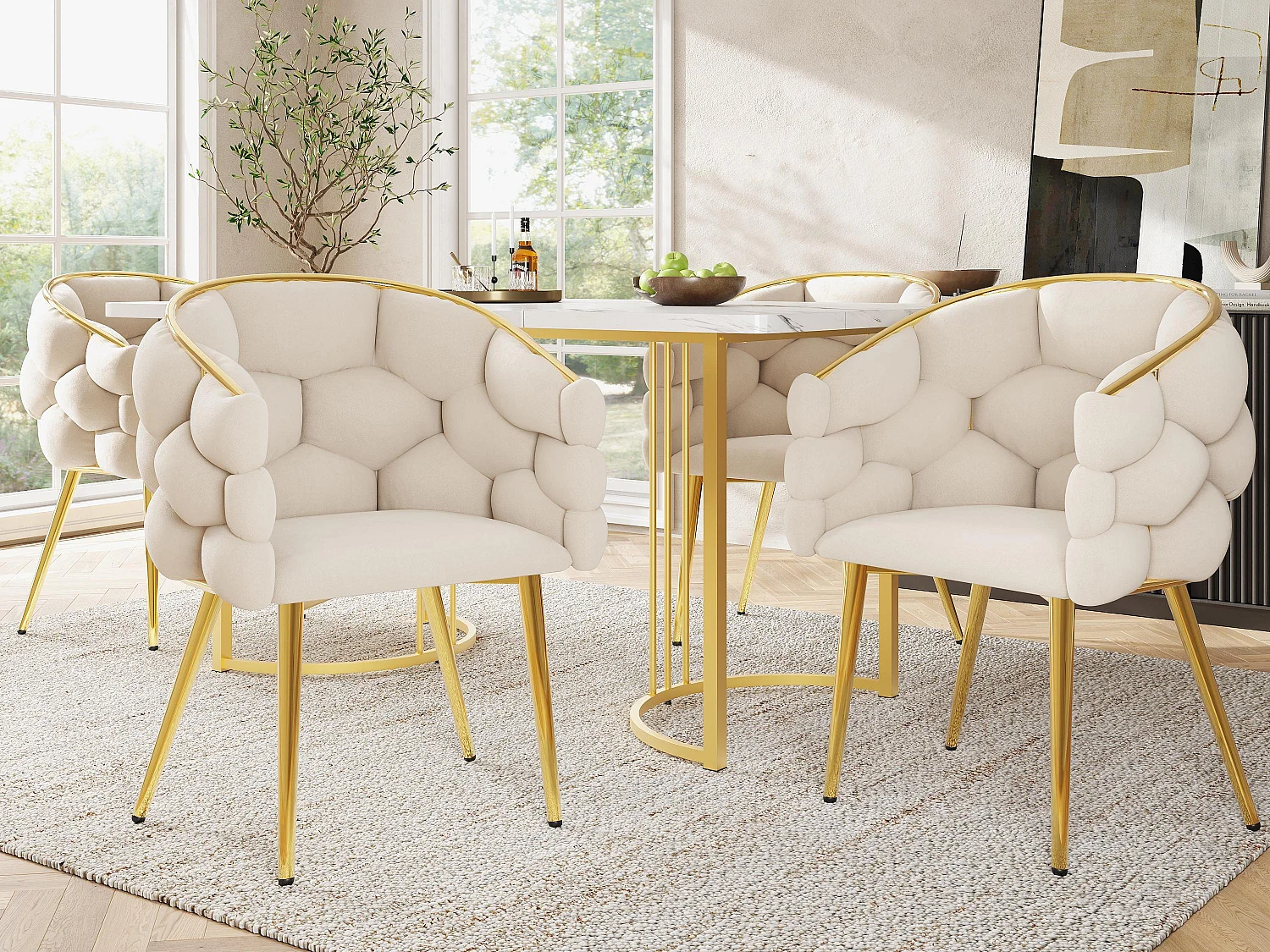 Lot de 6 chaises de loisirs en tissu velours - pieds en métal doré - Beige