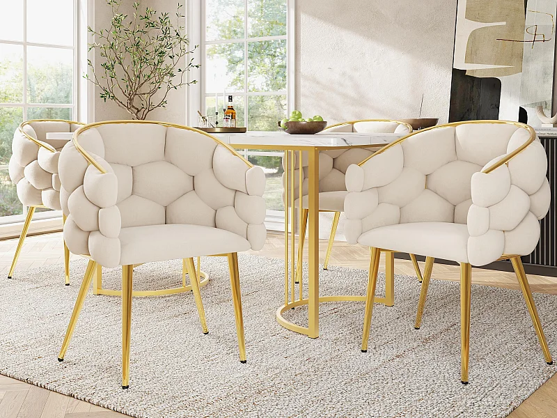 Lot de 6 chaises de loisirs en tissu velours - pieds en métal doré - Beige