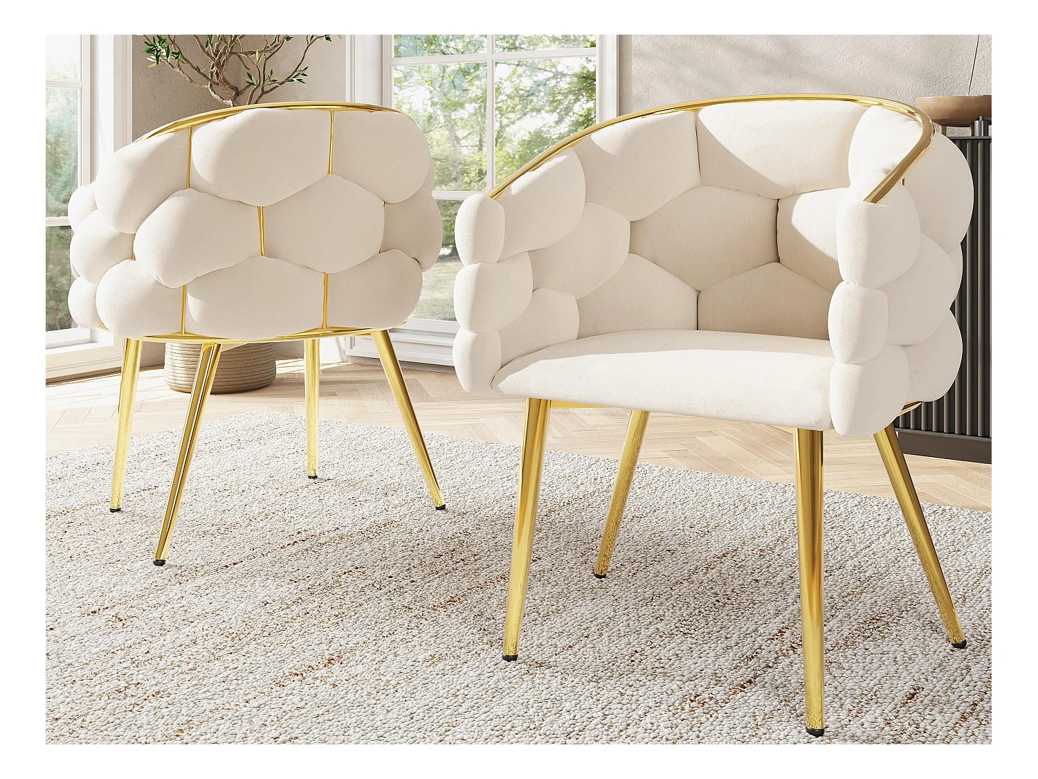 Lot de 2 chaises de loisirs en tissu velours - pieds en métal doré - Beige