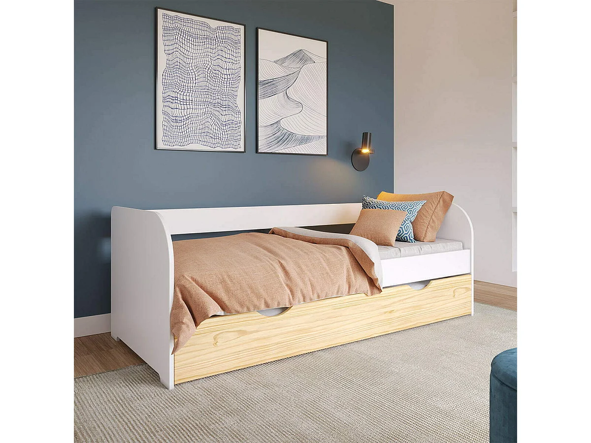 Pack lit banquette Gigogne avec matelas 80x200 cm bois massif blanc et bois EZRA