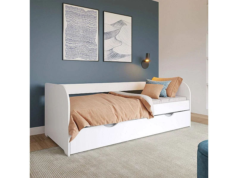 Pack lit banquette Gigogne avec matelas 80x200 cm bois massif blanc EZRA