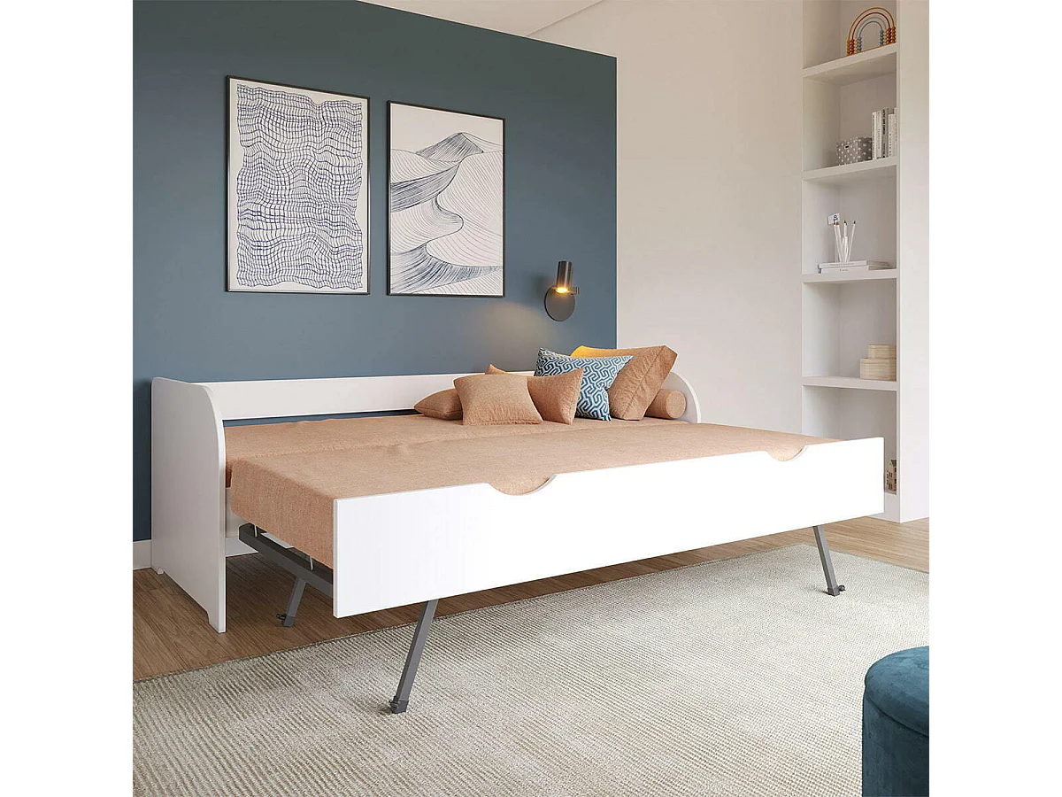 Pack lit banquette Gigogne avec matelas 80x200 cm bois massif blanc EZRA