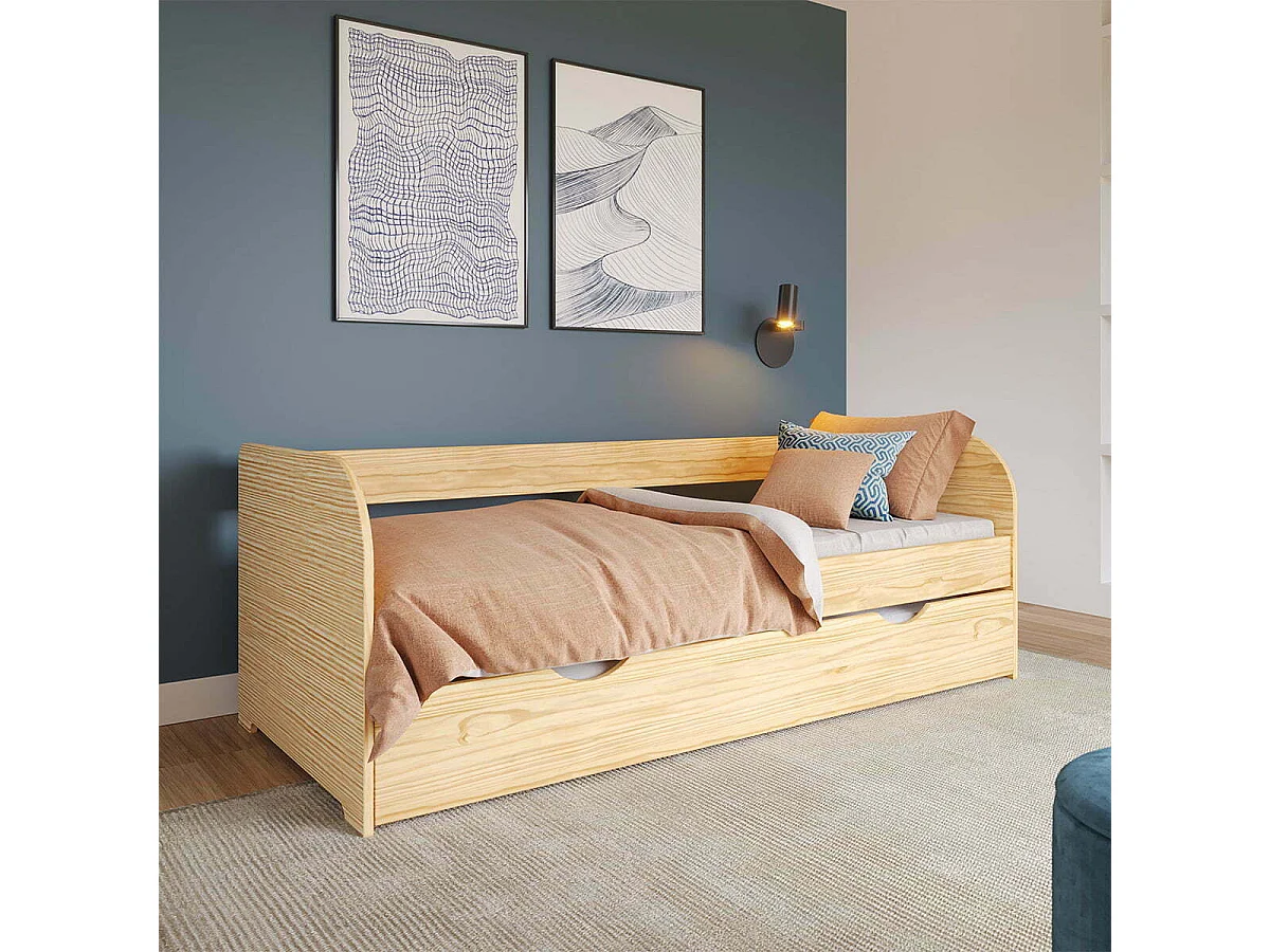 Pack lit banquette Gigogne avec matelas 80x200 cm bois massif bois EZRA