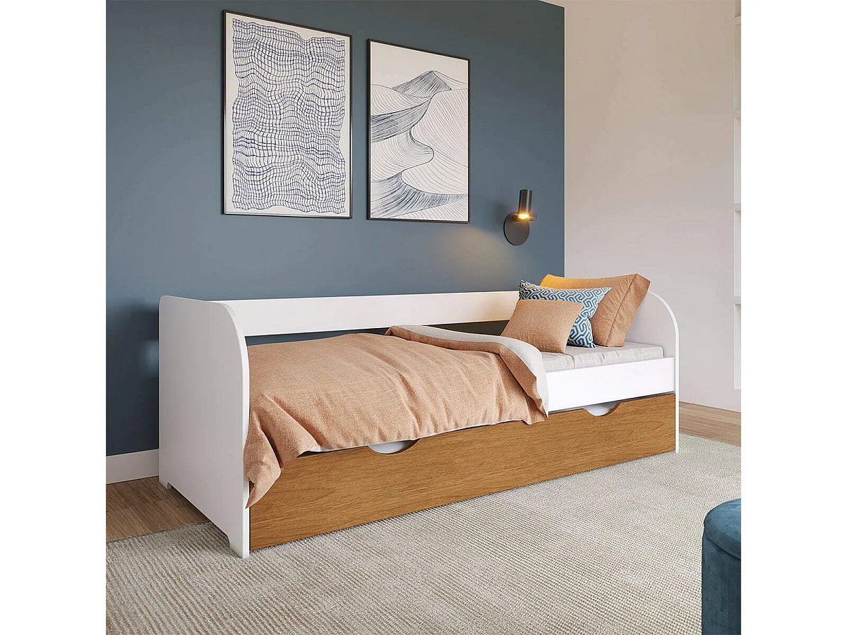 Pack lit banquette Gigogne avec matelas 80x200 cm bois massif blanc et noisette EZRA