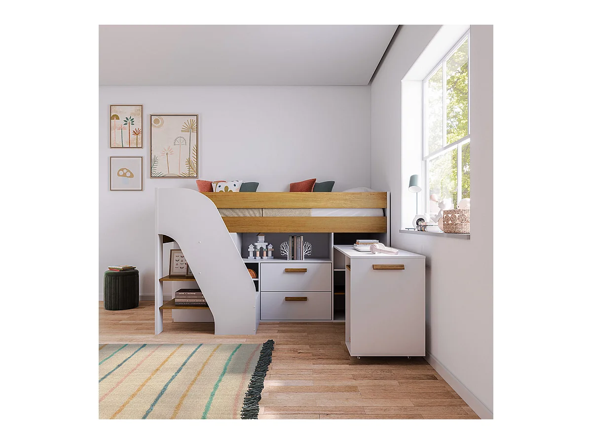 Lit mi-hauteur combiné avec bureau 90x200 cm panneaux de fibres blanc et noisette SAHARA