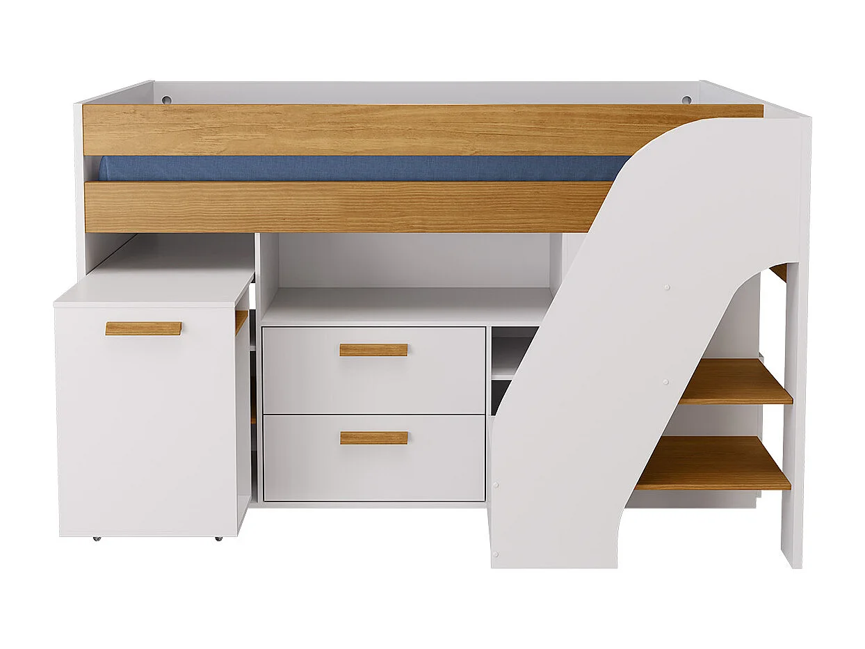 Pack lit mi-hauteur avec bureau et matelas 90x200 cm panneaux de fibres blanc et noisette SAHARA