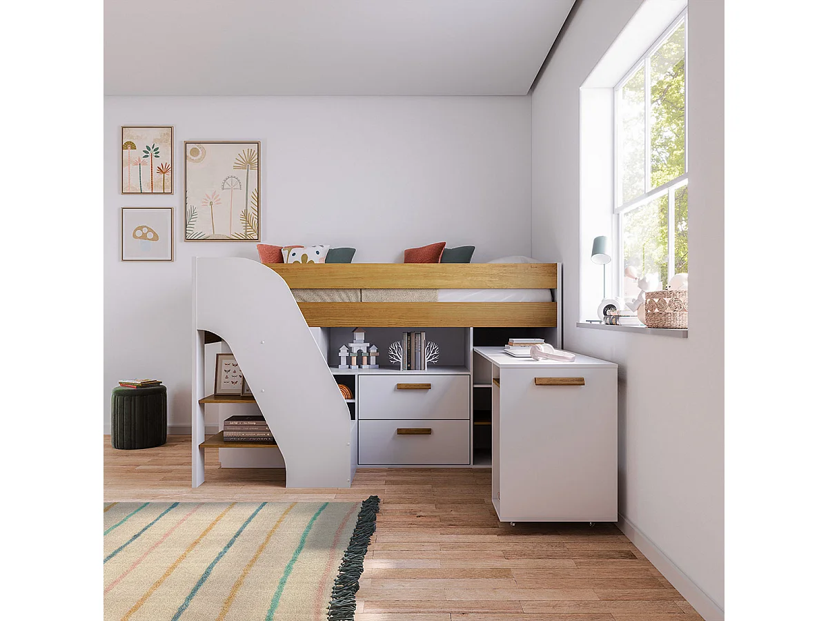 Pack lit mi-hauteur avec bureau et matelas 90x200 cm panneaux de fibres blanc et noisette SAHARA