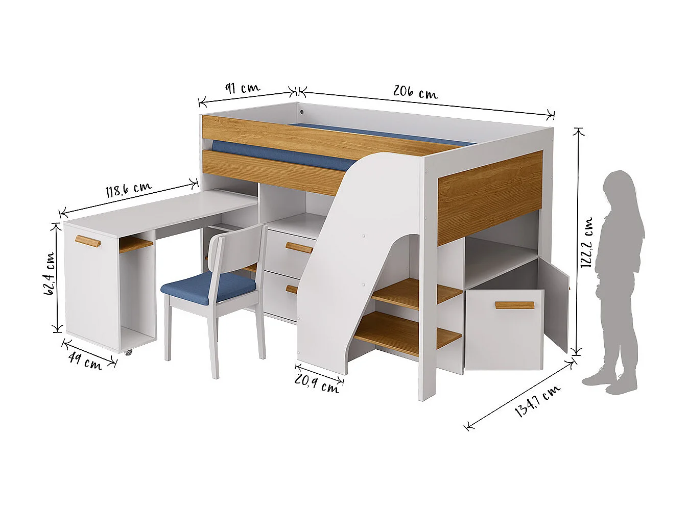 Pack lit mi-hauteur avec bureau et matelas 90x200 cm panneaux de fibres blanc et noisette SAHARA