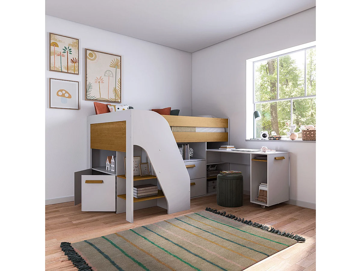 Pack lit mi-hauteur avec bureau et matelas 90x200 cm panneaux de fibres blanc et noisette SAHARA