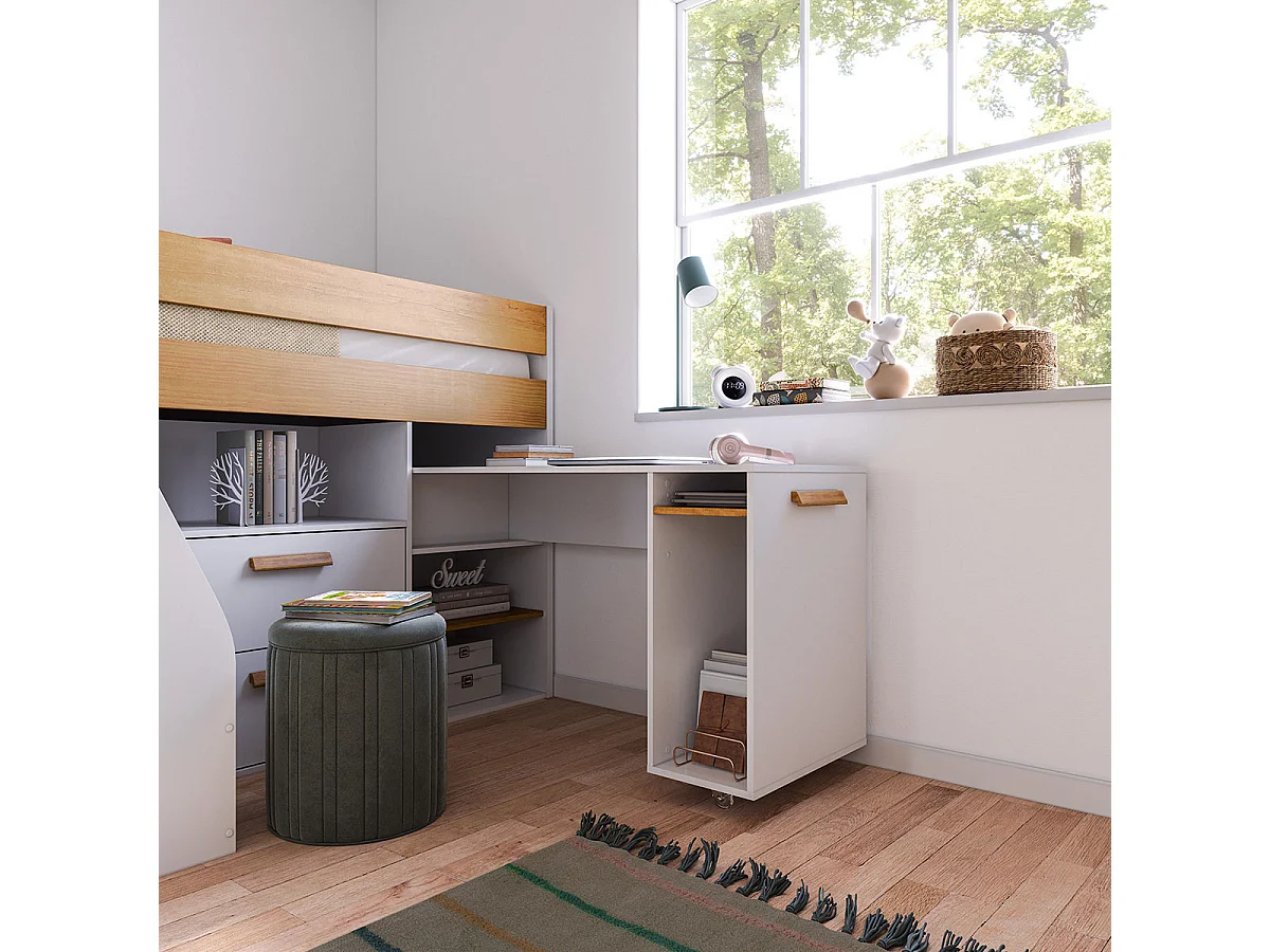 Pack lit mi-hauteur avec bureau et matelas 90x200 cm panneaux de fibres blanc et noisette SAHARA