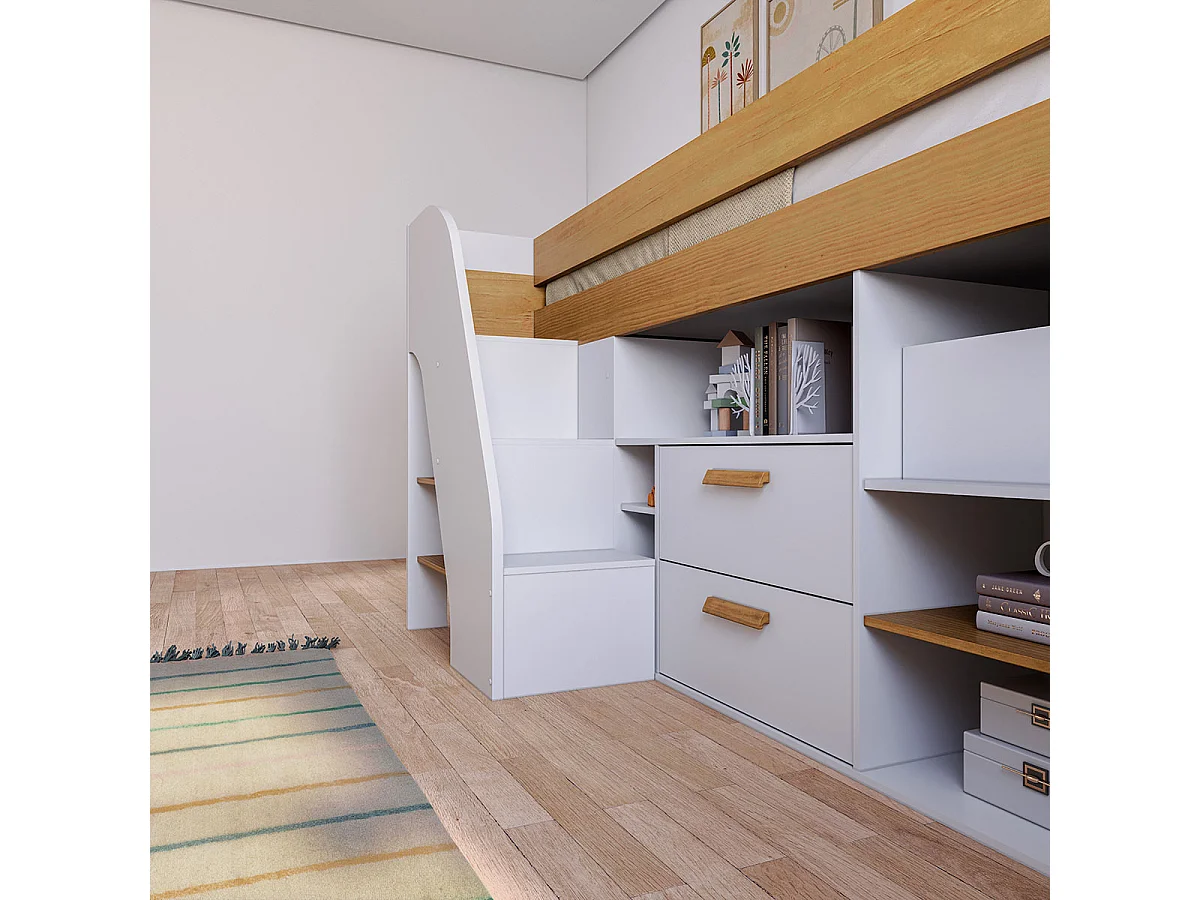 Pack lit mi-hauteur avec bureau et matelas 90x200 cm panneaux de fibres blanc et noisette SAHARA