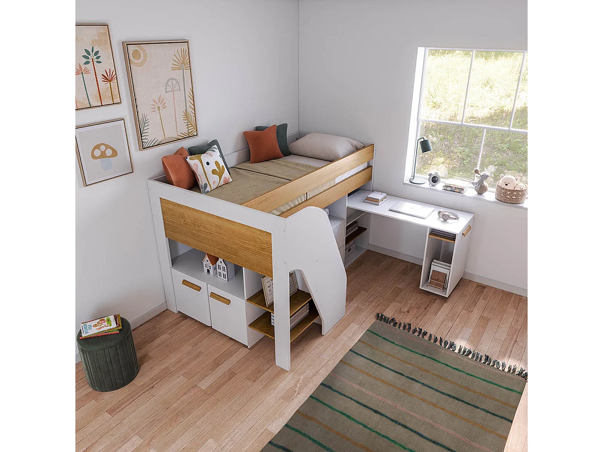 Pack lit mi-hauteur avec bureau et matelas 90x200 cm panneaux de fibres blanc et noisette SAHARA