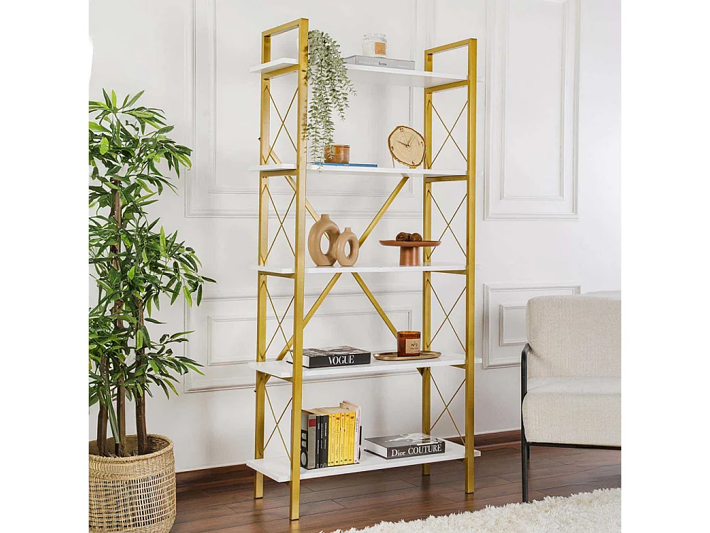 Estante elegante em branco e dourado, 90 x 180 x 33,5 cm | Painel de partículas 100% revestido em melamina, estrutura de metal | Solução de