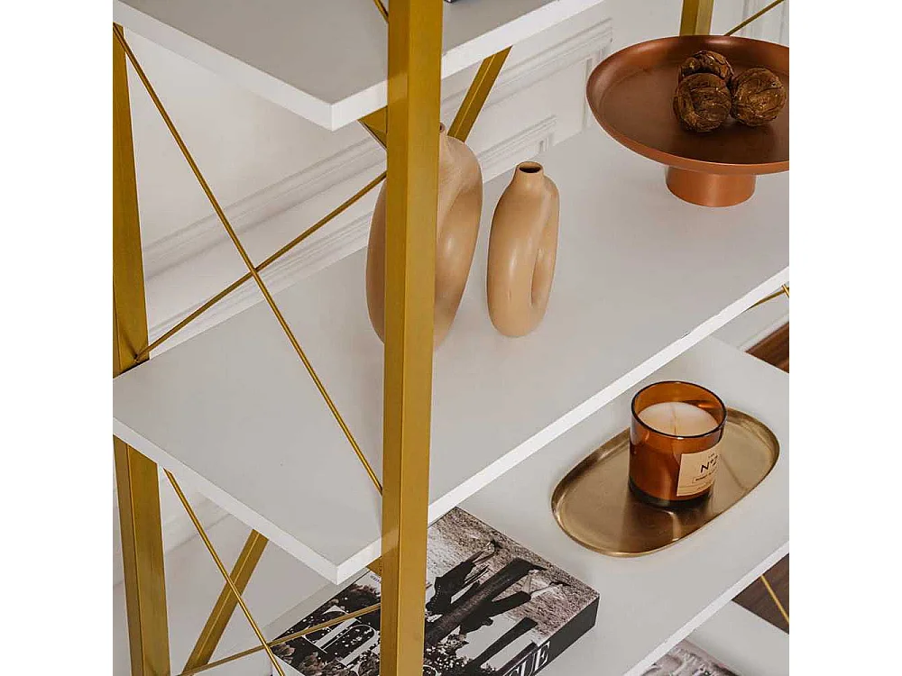 Estante elegante em branco e dourado, 90 x 180 x 33,5 cm | Painel de partículas 100% revestido em melamina, estrutura de metal | Solução de