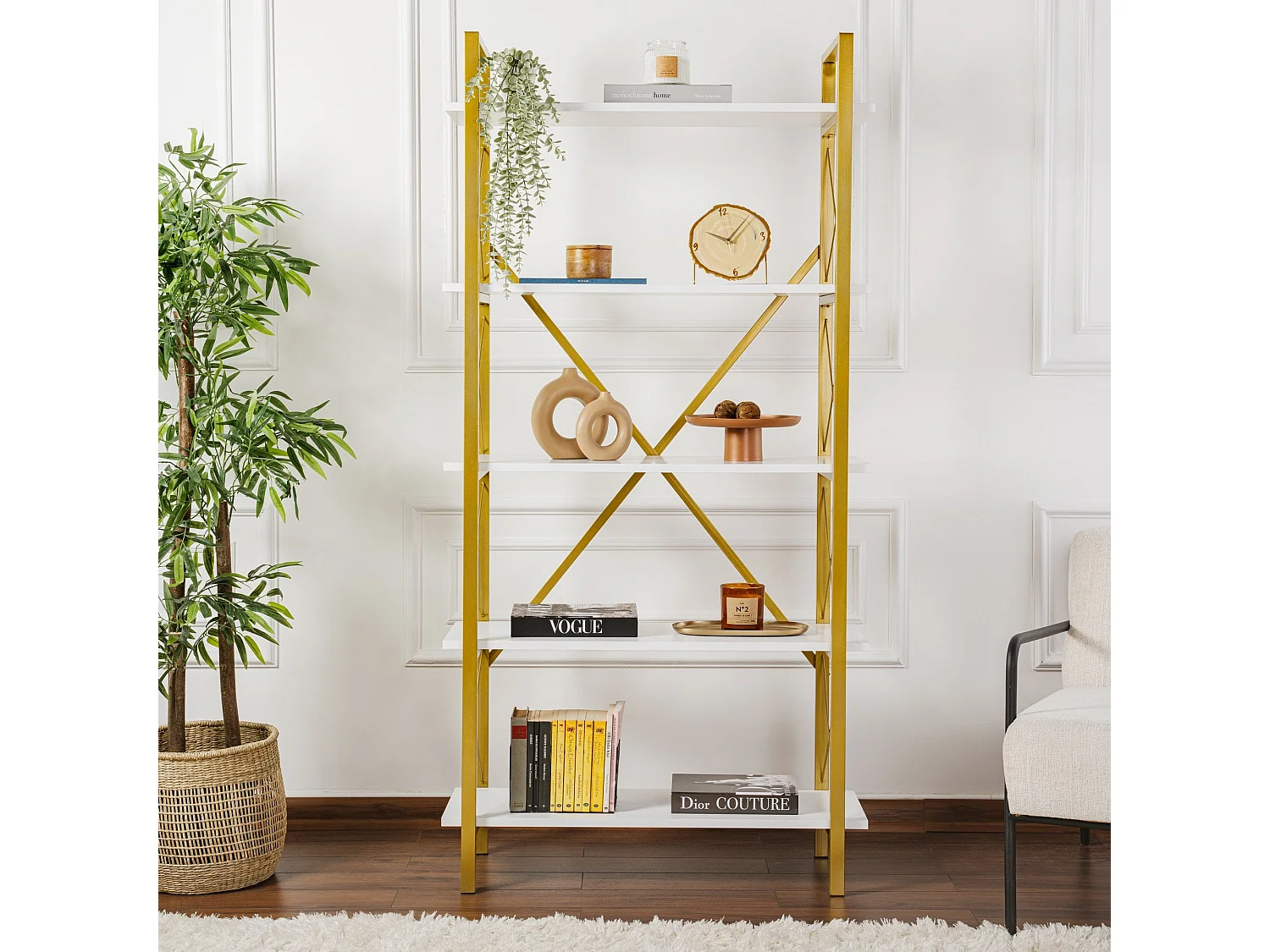 Estante elegante em branco e dourado, 90 x 180 x 33,5 cm | Painel de partículas 100% revestido em melamina, estrutura de metal | Solução de